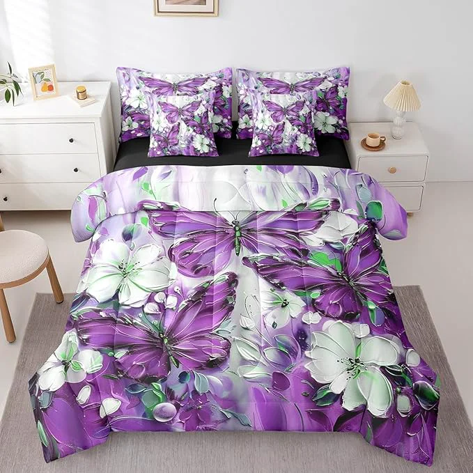 Artisan Erosebridal 7 Piece Purple Butterfly Queen Comforter Set with Sheets for Girls Teen Women White Flowers Oil Painting Boho Bed in A Bag Floral Butterfly Bedding Set Retro Bohemian Animal Bed Set Reusable