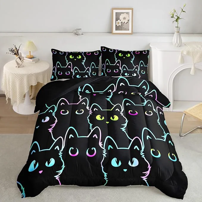 Reusable Axolotl Kids Bedding Cartoon Cat Comforter Set Queen Size Gradient Line Cute Cat Bedding Set for Teens Kids Boys Girls Adults Room Decor Kids Comforter Set All Season 1 Comforter 2 Pillow Cases Black High-Grade