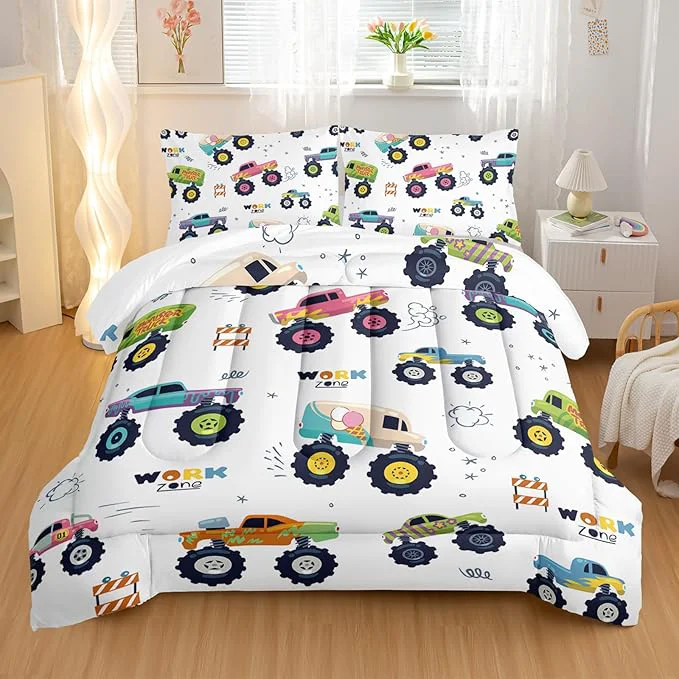 Proven Kids Comforter Set for Boys Cartoon Monster Car 3 Pieces Bedding Set King Colorful Off-Road Vehicle All Season Soft Microfiber Down with 2 Pillowcases Genuine