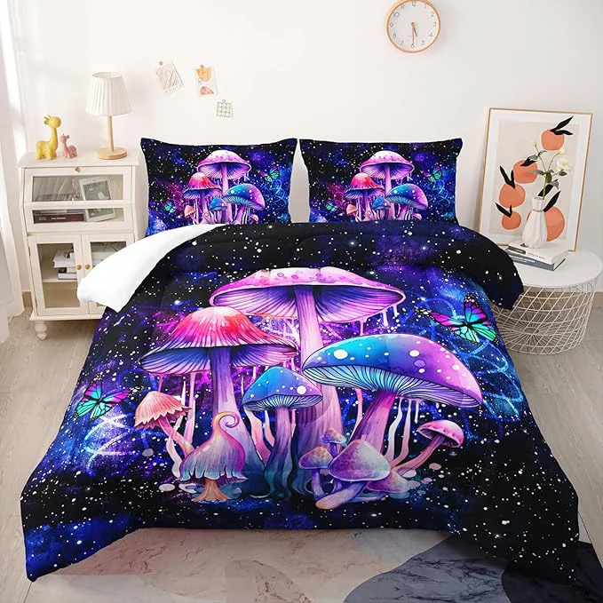 Functional Fantasy Mushrooms Comforter Set Twin Galaxy Fantasy 3 Pieces Bedding Set for Teens Kids Violet Down Bed Comforters Bedding Sets for All Season Genuine