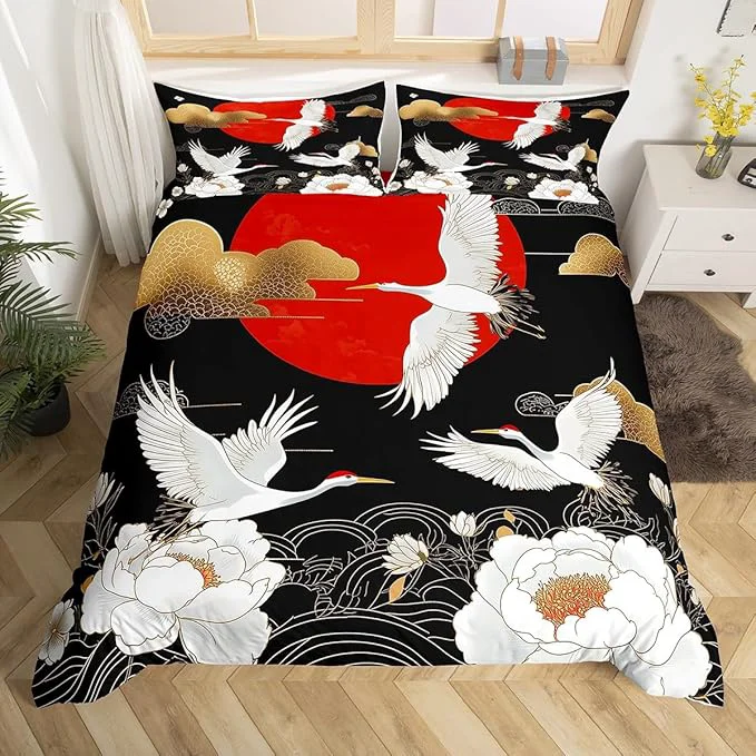 High-Performance Feelyou Japanese Crane Bedding Set Twin Size Black Gold Ukiyoe Theme Duvet Cover for Adult Kids Boys Girls Asian Anime Comforter Cover Set Wild Animal Bedspread Cover 2Pcs Zipper First-Class