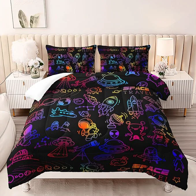 Next-Generation Cartoon Space Comforter Set for Kids Boys Girls 3 Pieces Outer Space Bedding Full Size Rocket Planet Spaceship Travel Toddler Bedding Set for Teen Boy Room Decor with 1 Comforter 2 Pillowcase Sustainable
