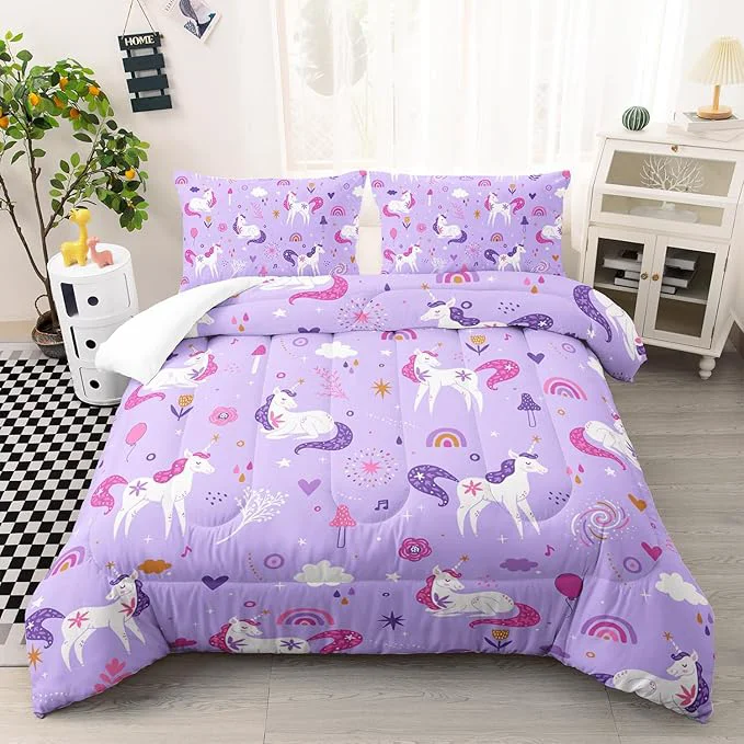 Luxury Unicorn 3-Piece Bedding Set for Girls - Violet 3 Pieces 1 Comforter 2 Pillowcases - Rainbow Clouds Star Quilt Set - All Seasons Classic