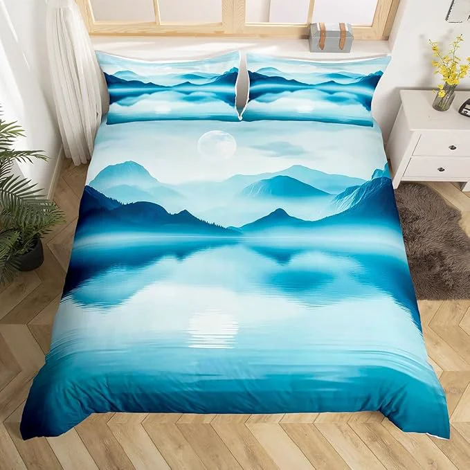 Superior Feelyou Smoky Mountain Bedding Set Queen Size Foggy Scenic Duvet Cover for Adult Kids Boys Girls Teal Blue Comforter Cover Set Natural Landscape Bedspread Cover 3Pcs Zipper Practical