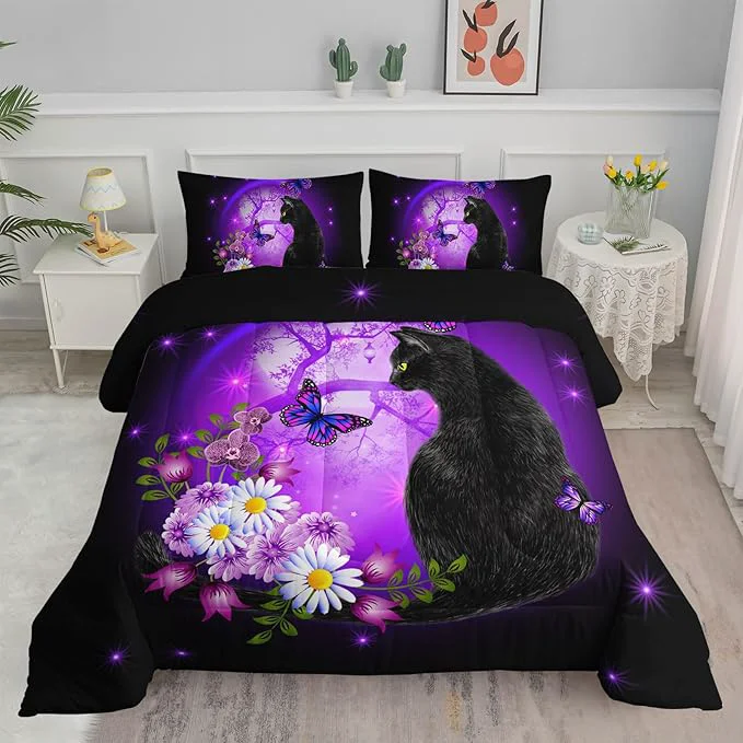 Elegant Black Cat Bedding Cartoon Cat Comforter Set Queen Daisy Butterflies Printed Kids Bedding Set for Kids Boys Girls Adults Room Decor Kids Comforter Set All Season 1 Quilt 2 Pillow Cases Safe