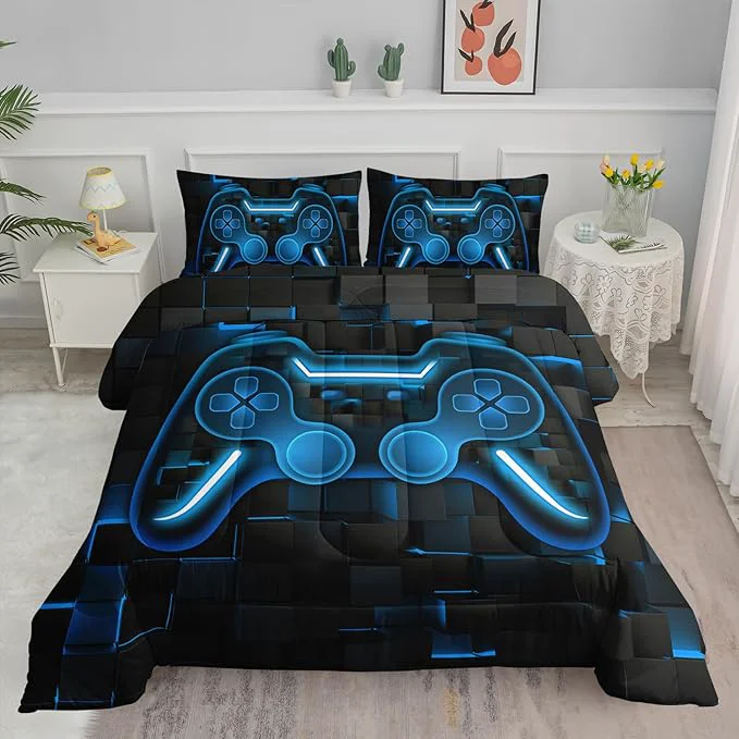 Authentic Axolotl Gamepad Comforter Set Queen Size Blue Grid Print Bedding Set Boy Gaming Console Comforter Set Modern Gaming controller Geometry Bedding Set for Adult Teens Men 1 Quilt 2 Pillowcases Blue Black