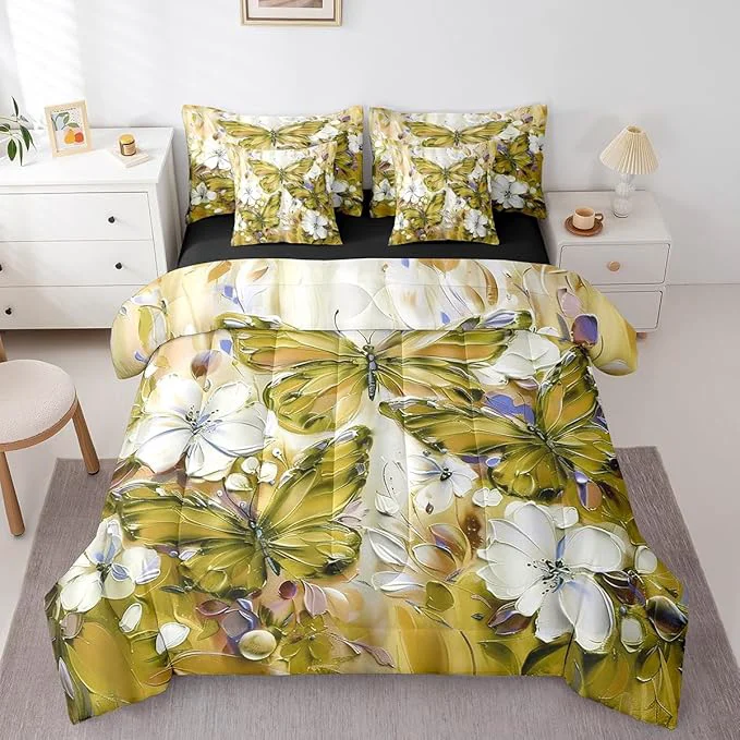 Consistent Floral Butterfly 7 Piece Bed In A Bag Twin White Flowers Oil Painting Boho Bedding Set With Sheets Retro Aesthetics Yellow Butterfly Comforter Set For Girls Teen Women Bohemian Animal Bed Set First-Class