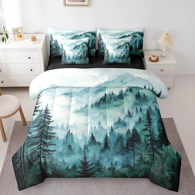 Healthy Erosebridal Green Teal Misty Forest Twin Comforter Set with Sheets 7 Piece Mountain Foggy Woodland Bed in A Bag Rustic Pine Tree Bedding Sets for Kids Adults Watercolor Nature Theme Bed Set Breathable