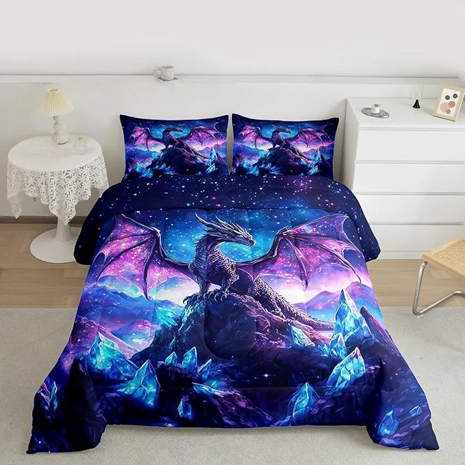 Practical Castle Fairy Dragon Kids Comforter Set Iceberg Starry Sky Purple Duvet Set for Room Decor Wild Animals Brushed Microfiber Soft Quilt Cover Full Size 3 Pcs with 2 Pillowcases Stylish
