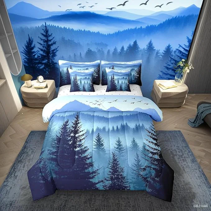 Eco-Friendly Erosebridal Dark Blue Full Comforter Set with Sheets Mountain Pine Tree Forest Bedding Sets 7 Piece Rustic Woodland Nature Landscape Bed in A Bag for Kids Boys Teen Men Soft Lightweight Bed Set