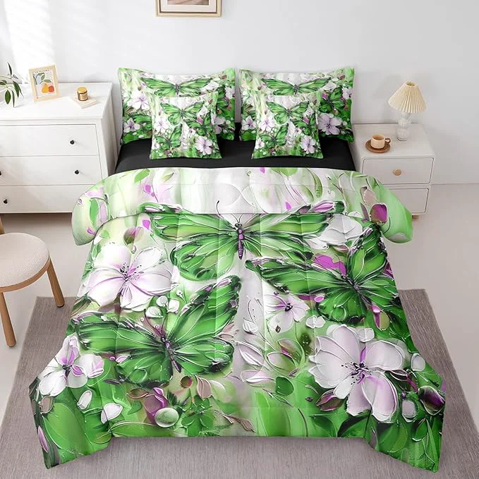 Consistent Erosebridal Green Butterfly 7 Piece Bed in A Bag King White Flowers Oil Painting Boho Comforter Set Retro Hippie Floral Butterfly Bedding Set for Girls Women Aesthetics Bohemian Bed Set Sophisticated
