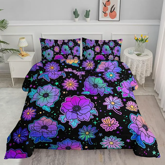 Traditional Axolotl Neon Floral Bedding Set Queen Gradient Floral Comforter Set for Girls Colorful Flower Bedding Set Stars Galaxy Series Comforter for Kids Boys Girls Teens Adults 1 Quilt 2 Pillowcases Black Eco-Friendly