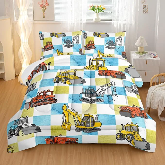 Original Design Boy 39 s Construction Truck Comforter Set King Orange and Yellow Truck 3 Pieces Bedding Set for Kids Boys Teens Blue and Yellow Plaid Microfiber Lightweight Quilt Bedroom Decor with 2 Pillow Cases Elegant