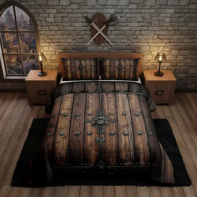 Genuine Castle Fairy Medieval Themed Wall Comforter Set King Size Retro Wooden Board Down Adults Bedroom Decor Knight Walls Ultra Soft Microfiber Inner Fill 3Pcs Bedding Authentic