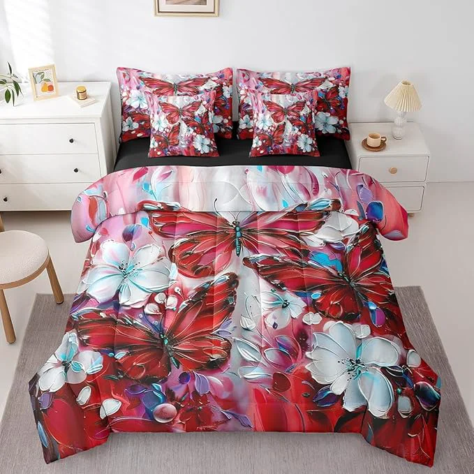Flexible Erosebridal Girls Red Butterfly Twin Comforter Set 7 Piece White Flowers Oil Painting Boho Bedding Set Retro Hippie Floral Butterfly Bed in A Bag for Kids Women Aesthetics Bohemian Sheet Set Luxury