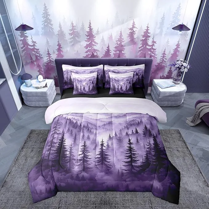 Unique Erosebridal Purple Forest 7 Piece Comforter Set Twin Rustic Woodland Pine Tree Bedding Set with Sheets Jungle Smoky Mountain Bed in A Bag for Adults Women Men Retro Natural Landscape Bed Set Excellent