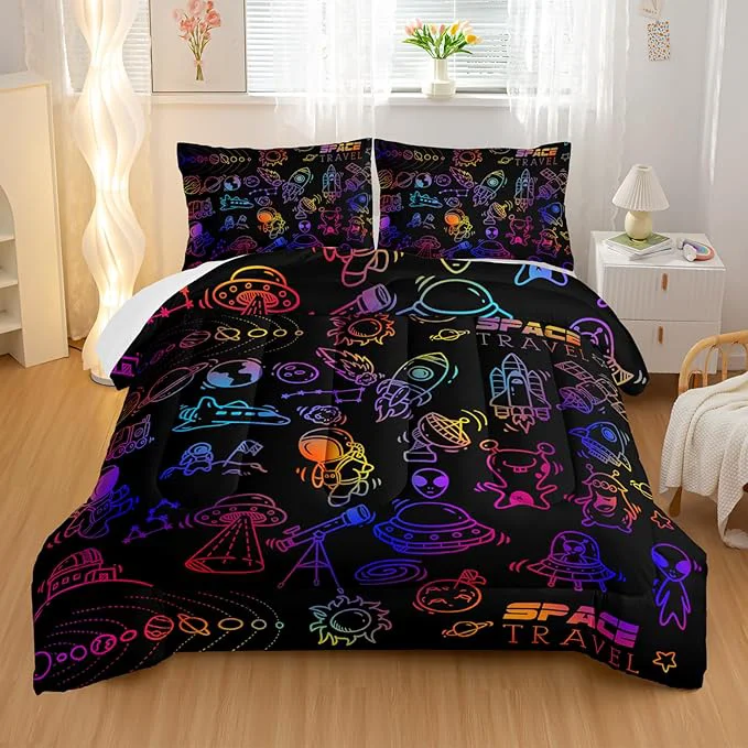 Natural Cartoon Space Comforter Set for Kids Boys Girls 3 Pieces Outer Space Bedding King Size Rocket Planet Spaceship Travel Toddler Bedding Set for Teen Boy Room Decor with 1 Comforter 2 Pillowcase Excellent
