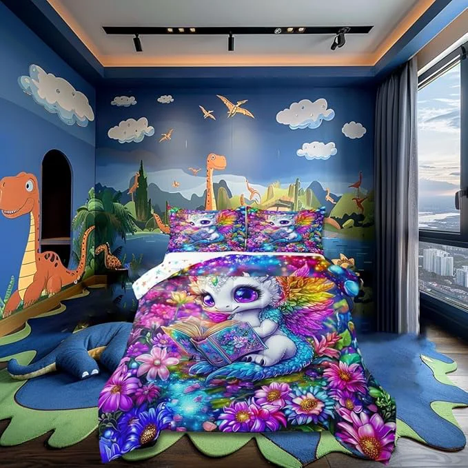 Powerful Castle Fairy Western Wildlife Animal Boys Girls Comforter Set Full Size Cartoon Dragon Duvet Set Teens Bedroom Decor Watercolor Flowers Microfiber Soft Bedding Enhanced