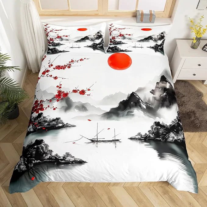 Practical Feelyou Japanese Ukiyoe Theme Bedding Set Toddle Size Cherry Blossom Duvet Cover for Adult Kids Boys Girls Watercolor Comforter Cover Set Natural Landscape Bedspread Cover 2Pcs Zipper Enhanced