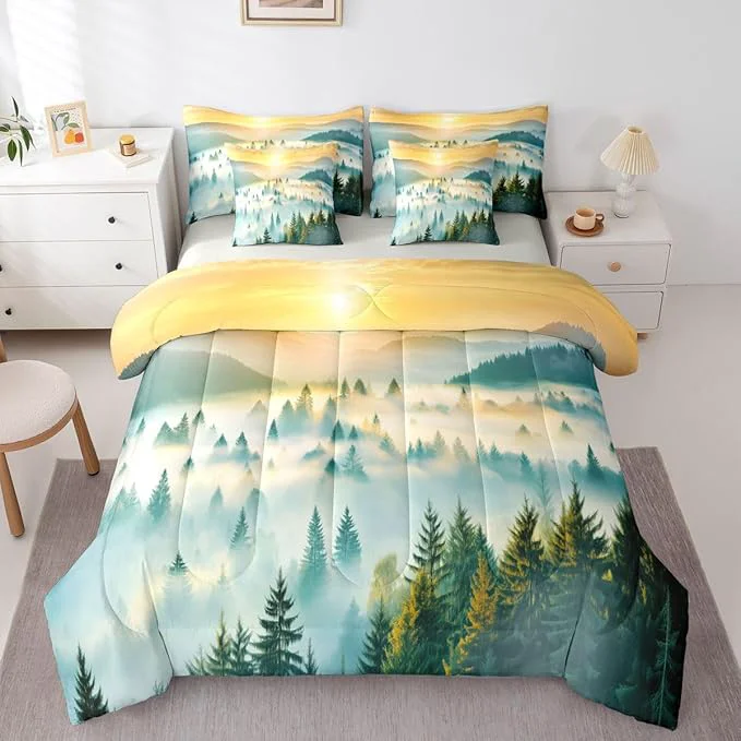 Fine Crafted Erosebridal Smoky Mountain Twin Comforter Set with Sheets 7 Piece Gold Sun Sunrise Bed in A Bag Woodland Pine Tree Bedding Sets for Kids Adults Natrue Bed Set Pure