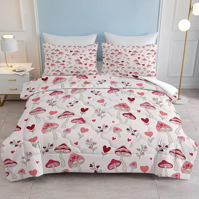 First-Class SOULZZZ Pink Mushroom Comforter Set Full Size Nature Love Plant Trippy Mushroom Bed Set Hippie Aesthetic Cottage Core 3 Piece Mushroom Comforter Bedding Set Bedroom Decor Advanced