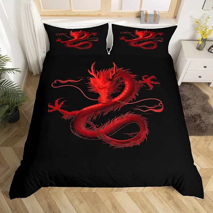 World-Class Feelyou Dragon Monster Bedding Set Full Size Red Dragon Duvet Cover for Adult Kids Boys Girls Classical Monster Comforter Cover Set Black Red Cool Bedspread Cover 3Pcs Zipper Natural