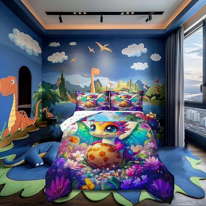 Solid Castle Fairy Watercolor Flowers Butterfly Bedding Set for Boys Girls Baby Dragon Eggs All Season Cozy Comforter Set Full Size Cartoon Dragon Duvet Set Bedroom Decor Personalized Birthday Gifts Superior
