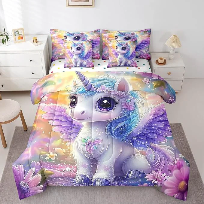Effective Feelyou Unicorn Comforter Set 7 Pieces Queen Size Floral Flower Bedding Set for Boys Girls Dreamy Horse Bed in a Bag with Comforter Sheets Pillowcases amp Cushion Covers High-End
