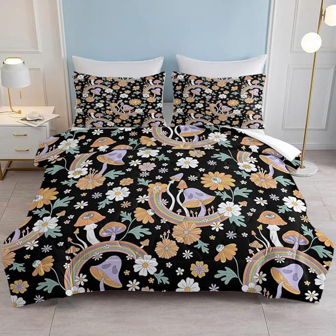 Environmentally Friendly SOULZZZ Retro Hippie Mushroom Bedding Set Queen Size Floral Daisy Mushroom Quilt for Girls Women Flower Green Leaf Rainbow Mushroom Black Comforter with 2 Pillowcases Elegant