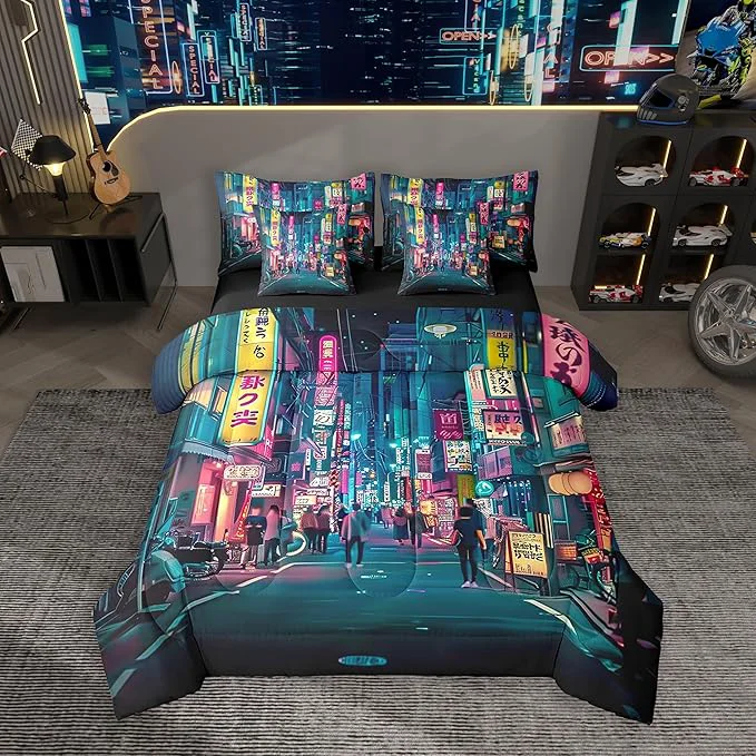 Exceptional Feelyou Japanese Art Comforter Set 7 Pieces King Size Tokyo Anime Bedding Set for Boys Girls Japan Night City Bed in a Bag with Comforter Sheets Pillowcases amp Cushion Covers Original