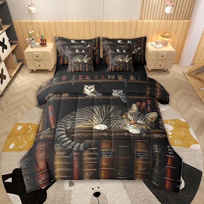 Fast Feelyou Vintage Library Comforter Set 7 Pieces Twin Size Book Cat Bedding Set for Boys Girls Cute Bookshelf Bed in a Bag with Comforter Sheets Pillowcases amp Cushion Covers Outstanding