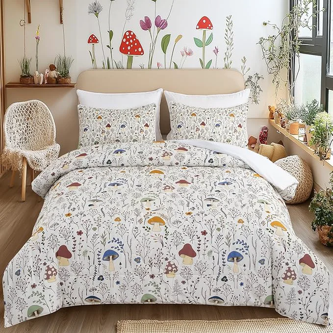 Functional SOULZZZ Mushroom Comforter Set for Girls 3 Piece Colorful Mushroom Full Bedding with Plants and Flowers- Aesthetic Cute Kids Women Farmhouse Bedroom Decor Comforter with 2 Pillowcases Fine Crafted