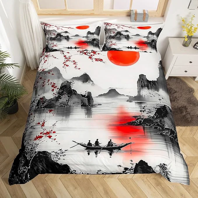 Traditional Feelyou Japanese Theme Bedding Set King Size Cherry Blossom Duvet Cover for Adult Kids Boys Girls Watercolor Comforter Cover Set Natural Landscape Bedspread Cover 3Pcs Zipper Verified