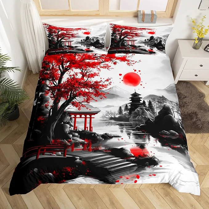 Premium Material Feelyou Japanese Style Bedding Set Toddle Size Cherry Blossom Duvet Cover for Adult Kids Boys Girls Watercolor Comforter Cover Set Natural Landscape Bedspread Cover 2Pcs Zipper Soft