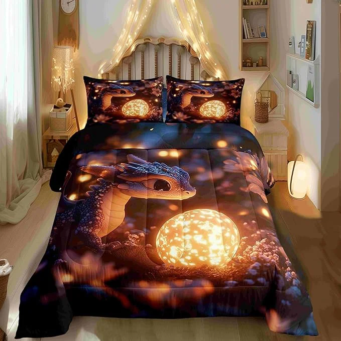 Detailed Castle Fairy Cute Dragon Egg King Size Comforter Duvet Set Cartoon Dragon Ultra Soft Bed Collection Mysterious Wild Animals Bedding for Room Decor 3 Pcs Microfiber Breathable Fine Crafted