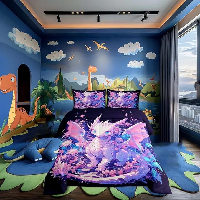 Green Castle Fairy Kids Dragon Bedding Set for Boys Girls Cartoon Dragon Wildlife All Season Cozy Comforter Set Full Size Watercolor Flower Duvet Set Bedroom Decor Personalized Birthday Gifts Superior
