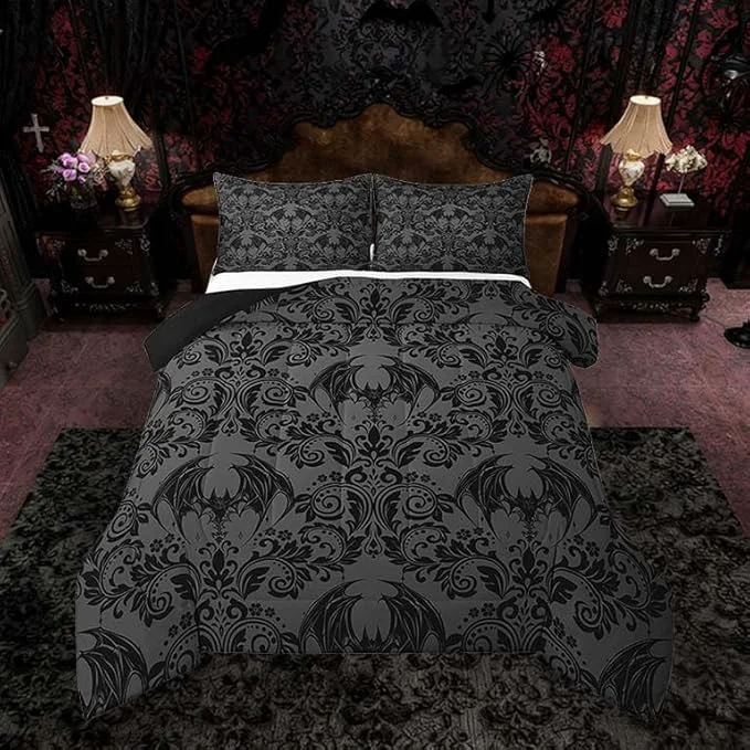 Trendy Feelyou Adults Gothic Comforter Set King Size Dark Olive Green Damask Comforter Bat Bohemia Boho Bedding Set Goth Duvet Set Vintage Victorian Baroque Floral Quilt Set 3Pcs Superior