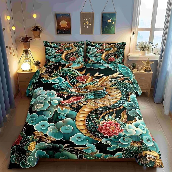 Proven Chinese Loong Comforter Set Toddler Size Propitious Cloud Bedding Set for Kids Teens Bedroom Exotic Chinese Style Down Comforter 2 Pcs 1 Pillowcase Eco-Friendly