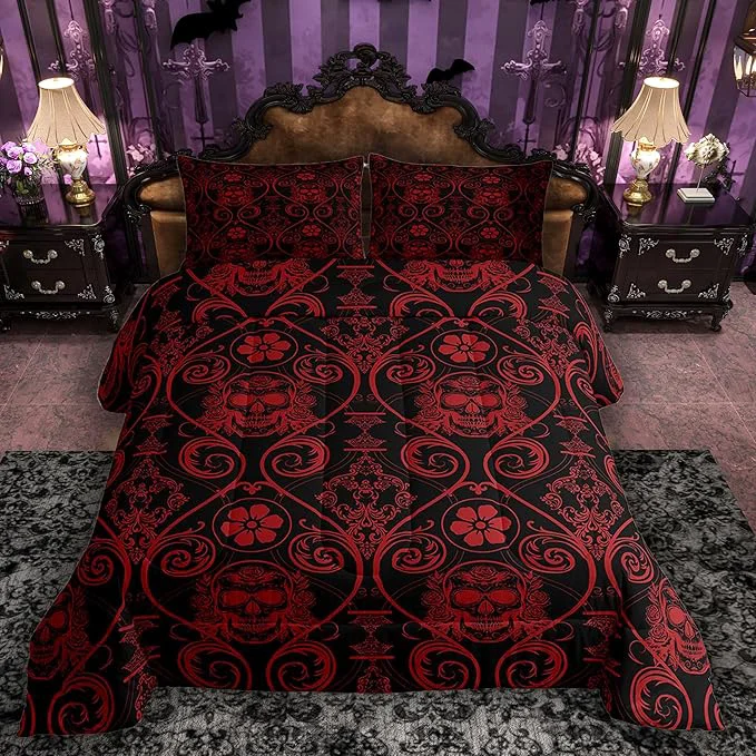 Contemporary Feelyou Adults Red Vintage Damask Floral Comforter Set Oriental Antique Comforter Queen Size Exotic Sugar Skull Rose Bedding Set Gothic Bohemia Boho Duvet Set Quilt Set 3Pcs Quality