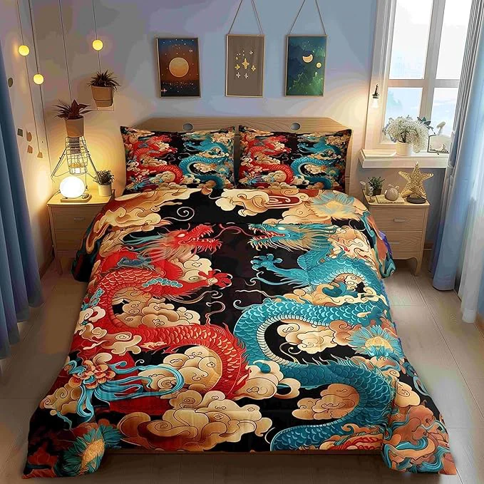 Fast Castle Fairy Propitious Cloud Boys Girls Comforter Set Full Size Chinese Loong Duvet Set Teens Bedroom Decor Dragon Exotic Chinese Style Microfiber Soft Bedding Classic