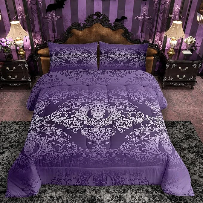 Efficient Feelyou Adults Purple Vintage Damask Floral Comforter Set Oriental Antique Comforter Twin Size Gothic Bohemia Boho Bedding Set Exotic Sugar Skull Duvet Set Quilt Set 2Pcs Soft