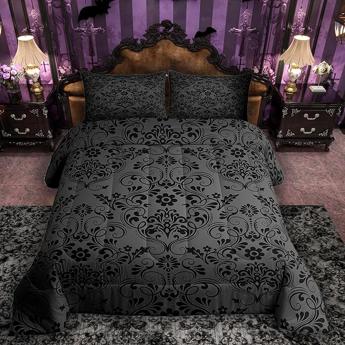 Effective Feelyou Adults Black Vintage Damask Floral Comforter Set Oriental Antique Comforter King Size Gothic Bohemia Boho Flower Bedding Set Bohemian Exotic Duvet Set Quilt Set 3Pcs Premium