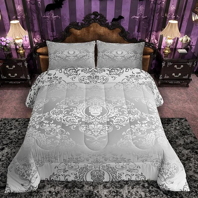 Top-Quality Feelyou Adults Silver Vintage Damask Floral Comforter Set Oriental Antique Comforter Twin Size Gothic Bohemia Boho Bedding Set Exotic Sugar Skull Duvet Set Quilt Set 2Pcs Luxury