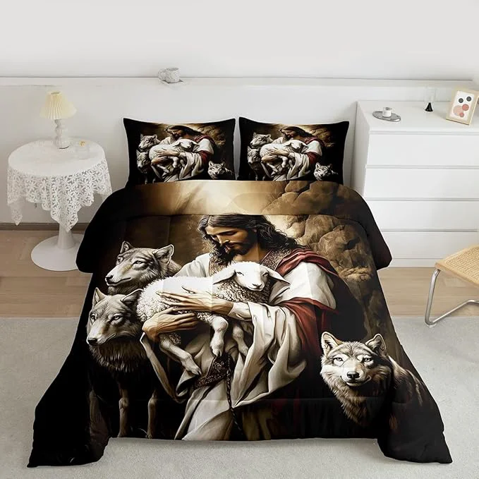 Convenient Castle Fairy Sheep and Wolf Twin Size Comforter Set Wildlife Animals Quilt Set Soft Bed Collection Rustic Farmhouse Bedding Comforter for Boys Girls Room Decor 2 Pcs Certified