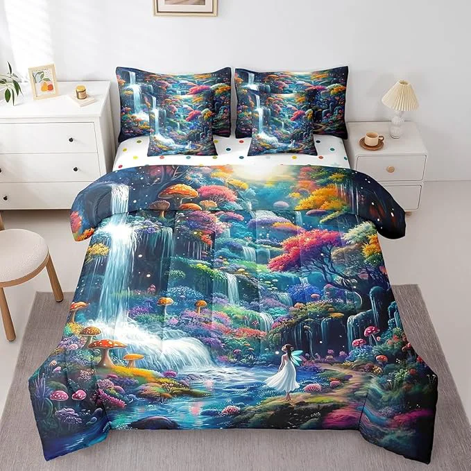 Minimalist Feelyou Waterfall Comforter Set 7 Pieces Full Size Moon Landscape Bedding Set for Boys Girls al Bed in a Bag with Comforter Sheets Pillowcases amp Cushion Covers Effective