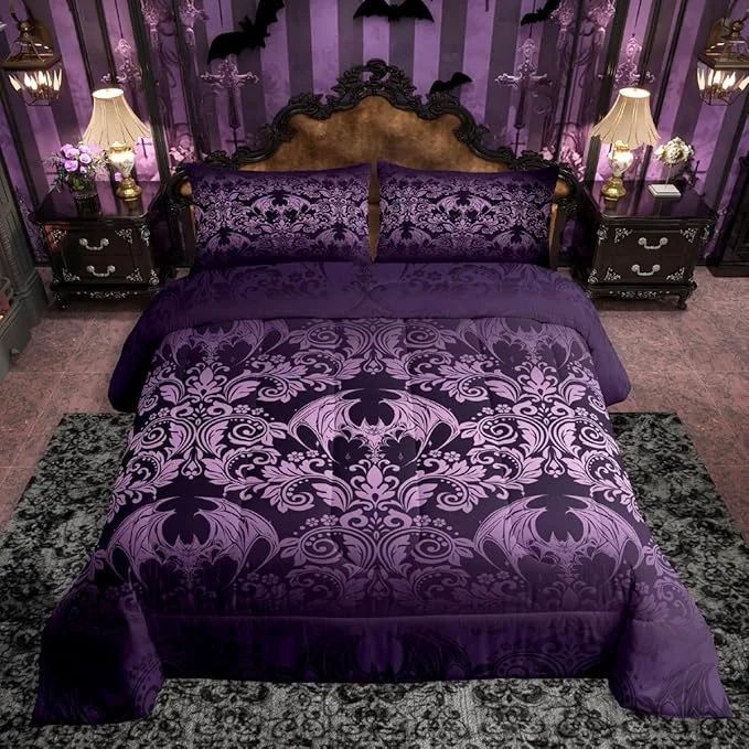 Secure Feelyou Gothic Damask Print Comforter Set Twin Size Purple Goth Bat Victorian Floral Bedding Set for KidsBoho Bohemian Exotic Duvet Quilt Bedroom Decor Microfiber 2 Pcs with 1 Pillow Cases Recyclable