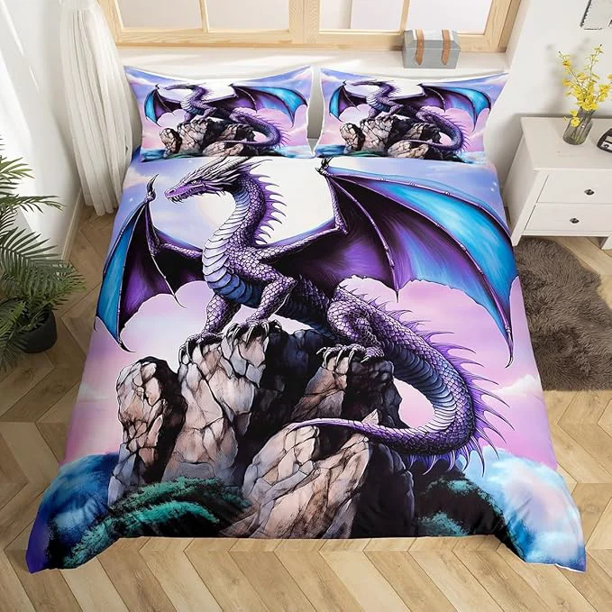 Minimalist Feelyou Dragon Bedding Duvet Cover Set Full Size 3D Dragon Theme Bedding Set Decor Ancient Wildlife Dragon Deep Animal al World Scale Comforter Cover Set Purple Bedspread Cover No Comforter Responsible