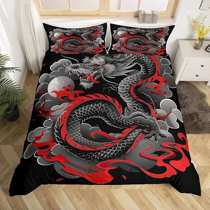 Excellent Feelyou Dragon Bedding Set Queen Size Kids Japanese Ukiyoe Comforter Cover Set Japanese Style 3D Dragon Anime Ancient Wildlife Sun Duvet Cover Black Bedspread Cover Room Decor Quilt Cover No Comforter Reliable