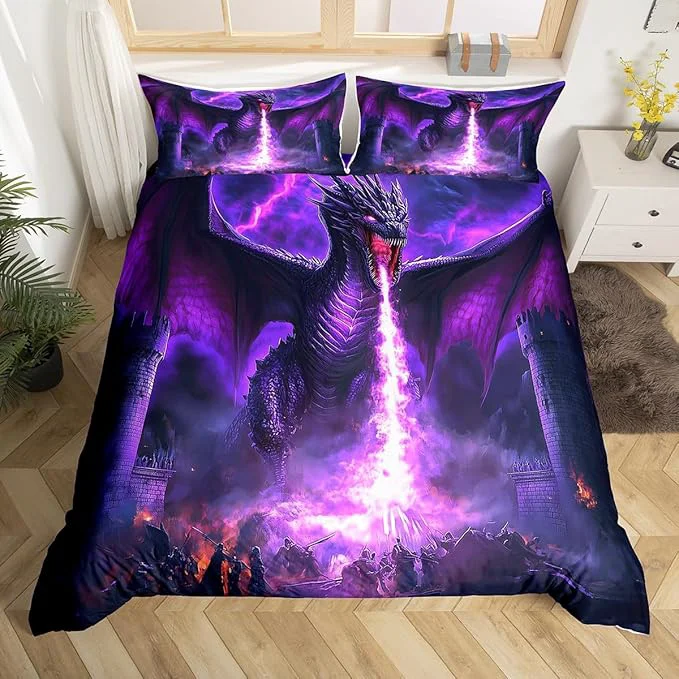 Organic Feelyou Cool Dragon Bedding Set King Size Kids Lightning Comforter Cover Set 3D Dragon War Mythology Themed Ancient Wildlife Fire Duvet Cover Nebula Bedspread Cover Room Decor Quilt Cover No Comforter Advanced