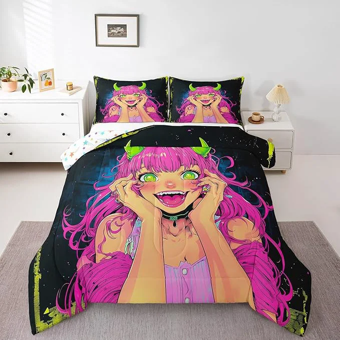 High-Quality Erosebridal Anime Girl Comforter Set Full Size Japanese Anime Bedding Set for Kids Boys Teens Bedroom Decor Cartoon Girl Quilt Kawaii Japanese Animation Duvet Insert with 2 Pillow Cases Recyclable